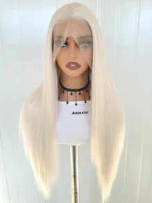 13x4 Platynowy blond syntetyczna peruka z przodu z koronką, 180% wysokiej gęstości włókna odpornego na ciepło, długie proste włosy peruka z koronką z przodu, 28 cali dla kobiet