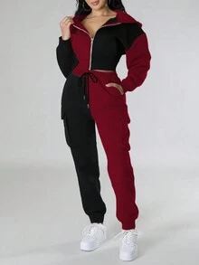 Bộ đồ thể thao nữ 2 món: Áo khoác ngắn có mũ phối màu thời trang + Quần thể thao cargo, lót dày giữ nhiệt, thích hợp cho mùa thu/đông. - Nhiều màu - Xem 5