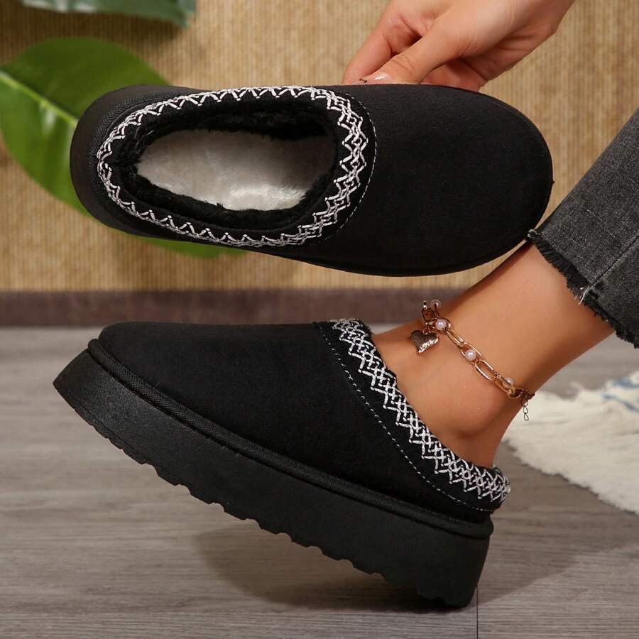 Women's Warm Soft Cotton Shoes Indoor Outdoor Rubber Sole Snow Boots Winter Platform Shoes House Slippers - 烏黑 - 查看 1
