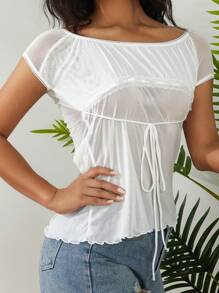 Womens Lace Flower Crochet Tops, Cap Sleeve Low Cut Drawstring T-Shirt Female Off Shoulder Clothing - White - View 2