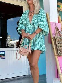 Women Deep V-Neck Rompers Solid Color/Plaid Bubble Sleeve Summer Short Jumpsuits Playsuits Streetwear - 綠色 - 查看 6