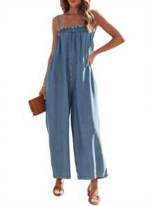Womens Denim Long Jumpsuit, Casual Spaghetti Strap Solid Color Wide Leg Romper Pants - Màu xanh lam - Xem 5