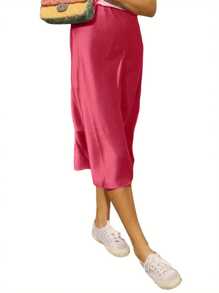 Women Long Satin Summer Fall Skirt Silk Elegant High Waist Cocktail Party Wedding Flared A-Line Midi Skirts - Hot Pink - View 1
