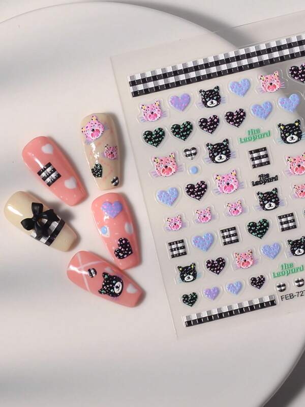 1Pc Emblossed Pink Leopard Heart Nails Art Stickers DIY Adhesive Sliders Nail Polish Manicure Sticker Decals