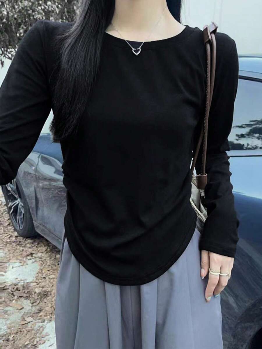 美式修身女式T恤，独特设计，适合秋季休闲穿着，黑色春季款 - 黑色 - 查看 1