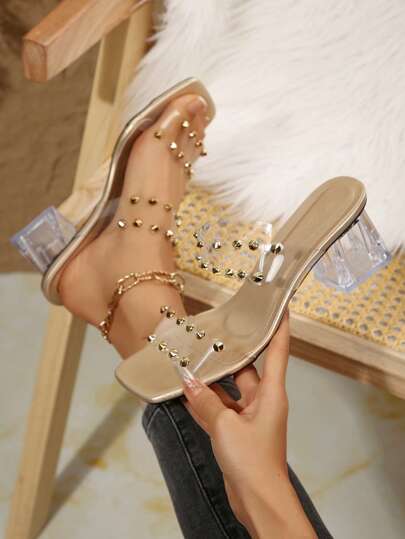 全新大码女式方头粗跟透明皮革高跟凉鞋，休闲百搭时尚夏季高跟凉鞋