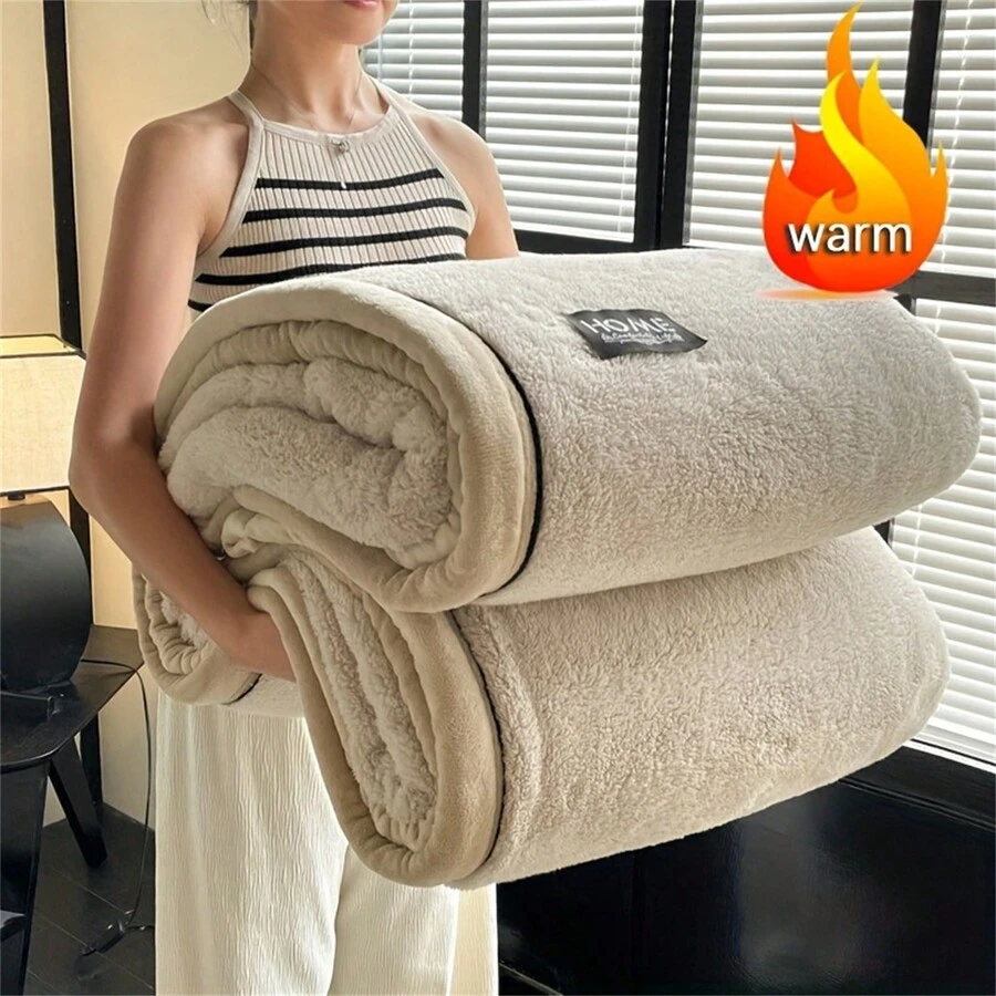1pc Thick Double-Sided Fleece Blanket, Soft & Warm Plush Blanket, Faux Rabbit Fur, Multi-Purpose For Sofa, Bed, Outdoor Camping, All Season Gift Blanket, Modern Style, Machine Washable, Mixed Color, Patchwork, Polyester Material - Multicolor - View 1