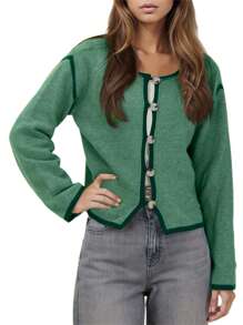 Women's Long-Length Wide-Sleeve Knitted Cardigan With Contrast Color Stitching And Button-Front Closure