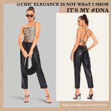 Women's Casual Cropped PU Leather Pants With Drawstring And Pockets Stylish Straight Leg Jogger Trousers For Party Wear With Slight Stretch And Warm Lined - 黑色 - 查看 5