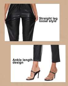 Women's Casual Cropped PU Leather Pants With Drawstring And Pockets Stylish Straight Leg Jogger Trousers For Party Wear With Slight Stretch And Warm Lined - 黑色 - 查看 4
