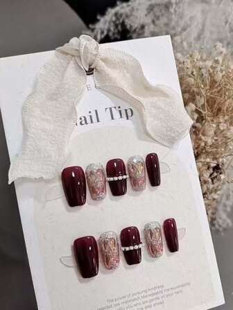 Monina 10 件手工婚礼美甲按压式指甲，红色星空短款细高跟奢华新娘仿真指甲，优雅高档时尚美甲用品指甲