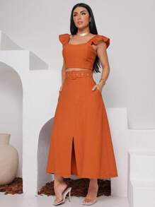 Midi Skirt Set With Belt In Marrant Fabric, Cropped, Ruffled With Padding, Size M 38-40 G 40-42 Gg 42-44 - Apricot - View 3