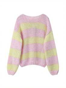 Women Oversized Striped Sweater Color Block Knit Long Sleeve Sweatshirt Loose Pullover Y2K Preppy Jumper - Pink - View 3