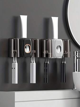 1 Set Automatic Toothpaste Dispenser & Toothbrush Holder, Toothbrush Holders With Automatic Toothpaste Squeezer Device For Bathrooms, Toothbrush Organizer With 2 Cups, Wall Mounted Shower Room Decor Set, Bathroom Accessories Home Bathroom Decor Fall Decor Back To School