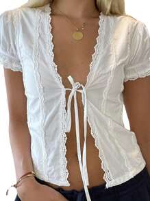 Tie Front Top For Women Coquette Lace Trim Babydoll Shirt Summer Top Y2k Short Sleeve Open Front Blouse Streetwear - White - View 3