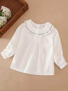 女童幼儿翻领长袖衬衫，春季“返校”少女装 - 白色 - 查看 1