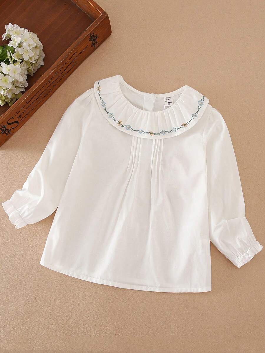 女童幼儿翻领长袖衬衫，春季“返校”少女装 - 白色 - 查看 1