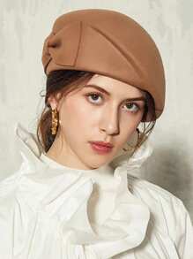 HIMESPORT 100% 羊毛毡英国顶级贝雷帽女士带蝴蝶结礼帽软边德比帽优雅 2025 年冬季正式教堂鸡尾酒茶会礼服婚礼新娘钟形帽 - 純色 - 查看 1