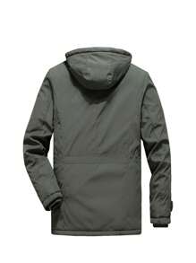 8186 2024 New Men's Multi-Pocket Stand Collar Waterproof Wind-Resistant Detachable Hood High Quality Fleece Solid Color Fashionable Casual Jacket Anti-Cut & Abrasion Resistant Warm Padded Coat - Army Green - View 2