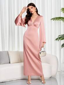 女士粉色 V 领蝙蝠袖缎面面料连衣裙、女士连衣裙长袍、外出连衣裙、冬装、Omen 长袍、修身领口秋季服装朴素长袖连衣裙 - 粉色 - 查看 3
