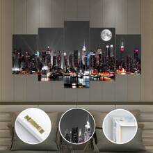5pcs/Set Solid Wood Interior Frame Frame Wall Art City Building Color Light Print Painting Modern Art Living Room Bedroom Dining Room Home Office Decorative Painting ,Posters,Wall Art,Room Decoration Stuff,Canvas Gifts Birthday Graduation