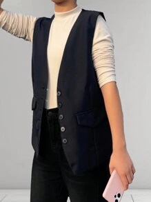 Conjunto de ropa de primavera nueva para mujer. Es un chaleco sin mangas de estilo holgado diseñado por diseñadores de moda, que le da un aspecto de alta gama. Tiene botones y se puede usar como una capa base para ocasiones formales como fiestas, banquetes o simplemente como una prenda superior. Es un chaleco de traje sin mangas. Chaqueta de punto ligera para mujer que también es adecuada para usar en una cita de San Valentín.