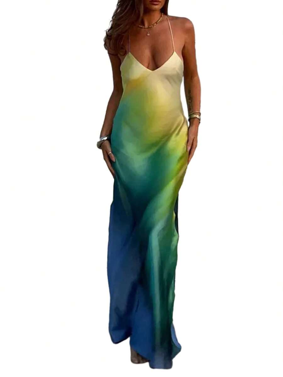 Women's Summer Cami Long Dress Gradient Color Spaghetti Strap V-Neck Backless Beach Party Dress - Blue - View 1