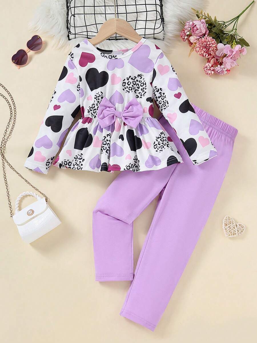 Young Girl Heart Print Bow Decor Ruffle Hem Long Sleeve Top + Solid Color Pants 2pcs Set - Purple - View 1