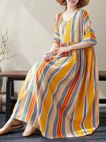 上衣，2025 女士连衣裙，休闲日常穿着，女士大码连衣裙，夏季圆领短袖黄色条纹休闲宽松连衣裙，波西米亚风沙滩裙