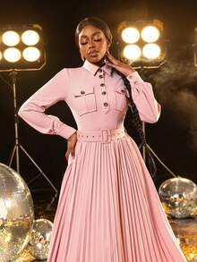 Faeriesty 优雅纯色褶皱系带正装衬衫裙