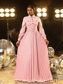 Faeriesty 优雅纯色褶皱系带正装衬衫裙