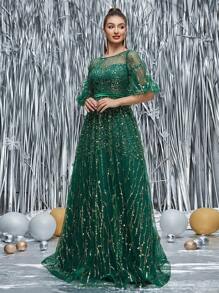 Puff Sleeve Sequin Formal Prom Dress - Dark Green - View 4