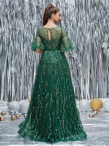 Puff Sleeve Sequin Formal Prom Dress - Dark Green - View 2