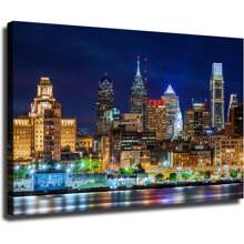 1pc Philadelphia Cityscape Wall Art Decor - Philadelphia Skyline Poster Canvas Picture Print Wall Art Flat Picture Print Inkjet Craft Canvas Print Decorative Art Painting Home Decor Beautiful Decorative Gift For Home Living Room Kitchen Dining Room Office Bedroom Bathroom Decor, Framed And Ready To Hang. - 彩色 - 查看 1