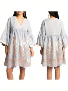 Cccoqdj Women's Embroidered Mini Dress Summer Nightgown 3/4 Sleeve V Neck Pattern Print Short Nightdress Boho Tunic Dress - 灰色 - 查看 4