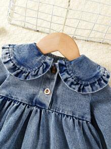 Infant/Baby Girl Cute Peter Pan Collar Long Sleeve Snowflake Printed Denim Dress - Light Wash - View 3