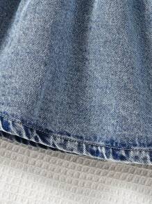 Infant/Baby Girl Cute Peter Pan Collar Long Sleeve Snowflake Printed Denim Dress - Light Wash - View 7