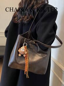 1pc Solid Color PU Leather Fashion Shoulder Bag For Women, Vintage Handbag With Snap Closure & Zipper, Large Capacity Tote Bag Suitable For Travel, Shopping, Dating, Gift For Ladies, Fit For Teens, College Girls, Young Professionals, Great For Office, School, Work, Business, Commute, Outdoor, Travel (With Pendant)'