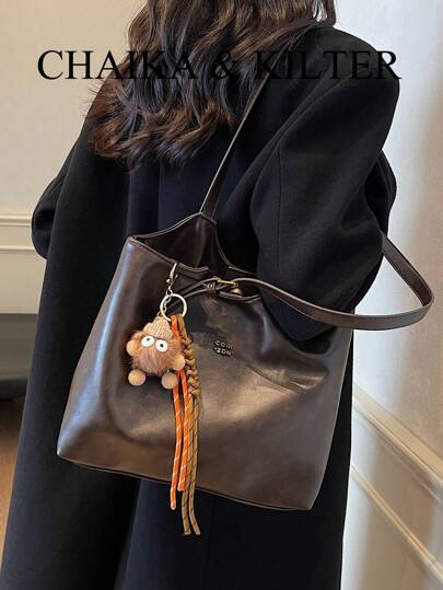 1pc Solid Color PU Leather Fashion Shoulder Bag For Women, Vintage Handbag With Snap Closure & Zipper, Large Capacity Tote Bag Suitable For Travel, Shopping, Dating, Gift For Ladies, Fit For Teens, College Girls, Young Professionals, Great For Office, School, Work, Business, Commute, Outdoor, Travel (With Pendant)', New Fashionable Big Bags For Women , Office Bag