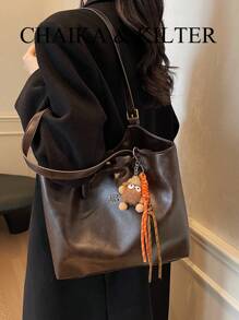 1pc Solid Color PU Leather Fashion Shoulder Bag For Women, Vintage Handbag With Snap Closure & Zipper, Large Capacity Tote Bag Suitable For Travel, Shopping, Dating, Gift For Ladies, Fit For Teens, College Girls, Young Professionals, Great For Office, School, Work, Business, Commute, Outdoor, Travel (With Pendant)'