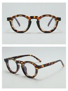 1pc Unisex Round Small Frame High-Quality Casual Minimalist College Style Plain Glasses, Suitable For Everyday Wear, Gatherings & Leisure - Tortoise Shell Frame Plain Mirror - View 4