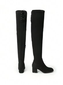 Women Chunky Heel Black Long Stretch Boot Comfortable Warm Fashion Knee-High Boot For Autumn Winter Wearing - da lộn màu đen - Xem 5