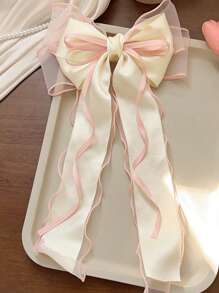 1pc Pastel Pink Sheer Extra Large Bow Wavy Streamer Double Layer Elasticated Clip, Elegant & Gentle Hair Clip Accessory, Spring Valentines, School Stuff, College, Pink Hair Clips, Bows, Cute, Hair Accessories - Multicolor - View 5