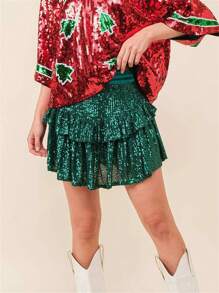 Women Y2K Summer Mini Skirt Casual Sparkling Sequins Elastic A-Line Skirt For Beach Vacation Club Streetwear - 綠色 - 查看 3