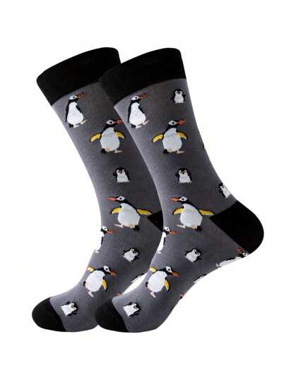 1 par de calcetines de tubo medio con estampado de pingüino de dibujos animados, cómodos y transpirables, calcetines divertidos con diseño de animales, para otoño