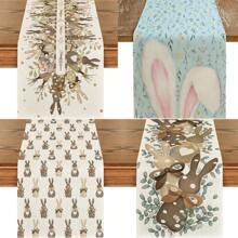 Bunny Eggs Carrot Leaves Easter Table Runner, Eucalyptus Point Bunny Spring Polka Dot Table Decoration, Bunny Bunny Ears Flower Spring Holiday Farmhouse Blue Linen Interior Home Table Decoration - Multicolor - View 1