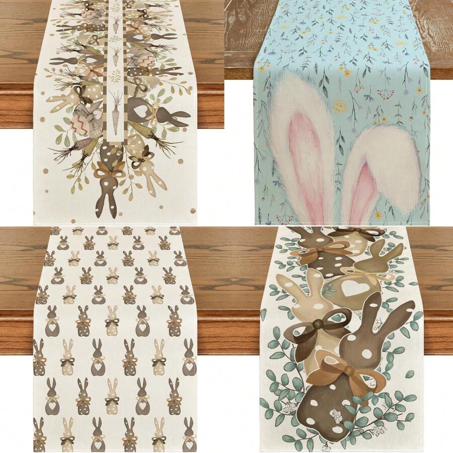 Bunny Eggs Carrot Leaves Easter Table Runner, Eucalyptus Point Bunny Spring Polka Dot Table Decoration, Bunny Bunny Ears Flower Spring Holiday Farmhouse Blue Linen Interior Home Table Decoration - Multicolor - View 1