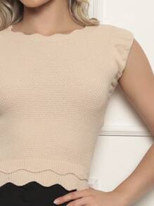 ONLYONE - JAPANESE MODAL SLEEVE CROPPED TOP WITH WAVE DETAIL HEM -  FIMINAS TOPS KNIT TOPS - Light Beige - View 4