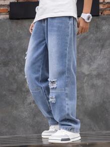 Patchwork-Jeans im Used-Look für Tween Jungens mit geradem Bein, lässige Hose mit entspannter Passform, geeignet für Frühling, Sommer, Herbst, Winter