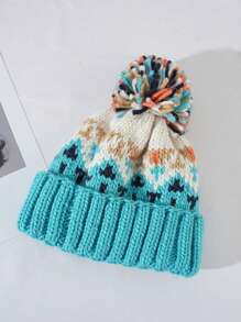 1pc Women Bohemian Rainbow Contrast Color Knit Hat, Autumn/Winter Fashion Versatile Double Layer Warm Knitted Hat With Large Pom Pom, Outdoor Ski Cycling Sport Earwarmer Cap - Multicolor - View 14